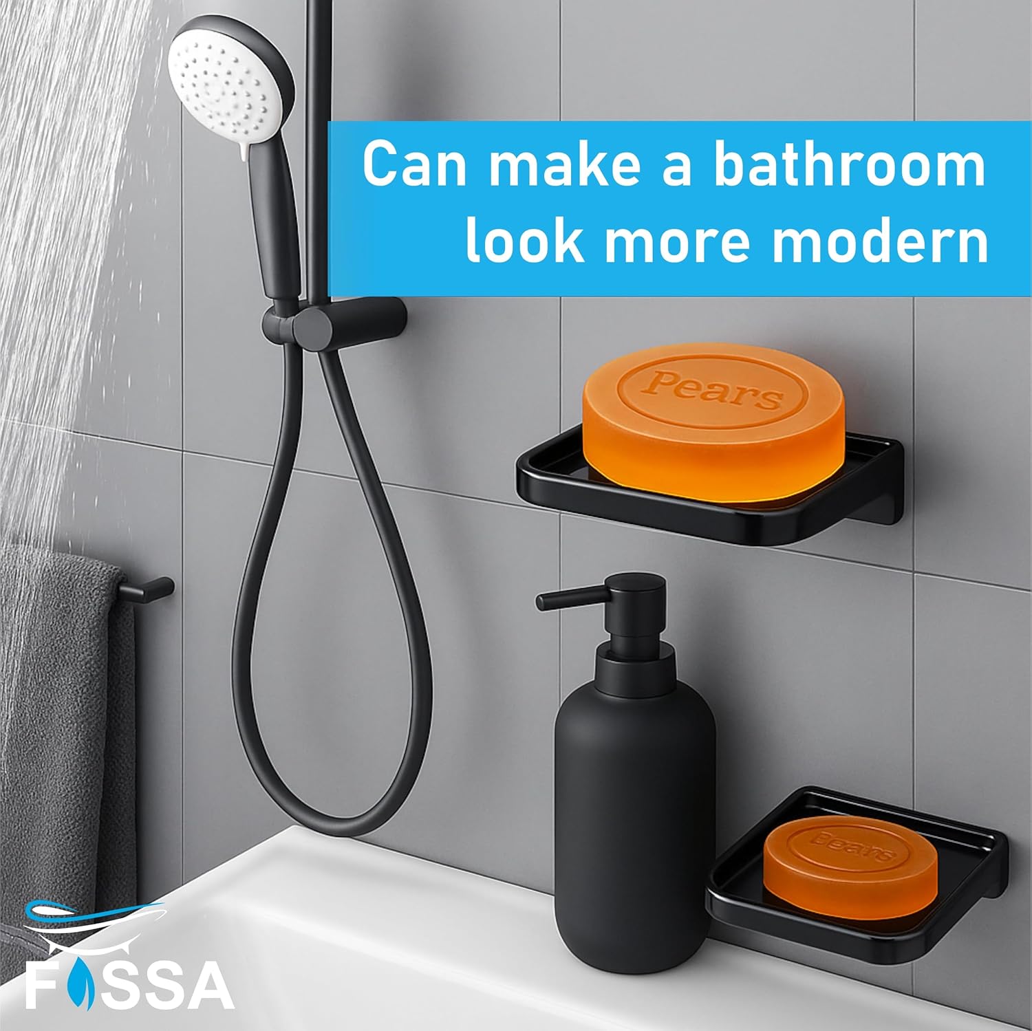 Fossa Classic Ceramic Soap Dish for Bathroom & Kitchen – Wall Mounted Soap Dish Holder with Anti-Rust & Anti-Slip Grip | Bathroom Soap Holder, Kitchen Soap Dish, Soap Stand Black (Glossy Finish)