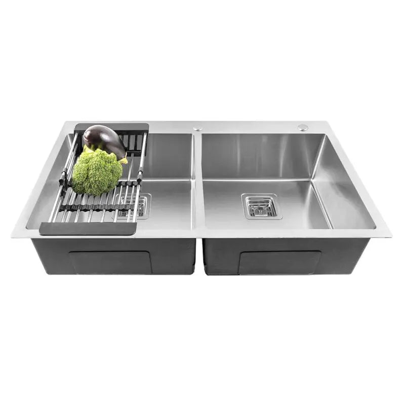 Fossa 37"x18"x10" Inch Double Bowl With Tap Hole SS-304 Grade Stainless Steel Handmade Kitchen Sink Matte Finish Silver