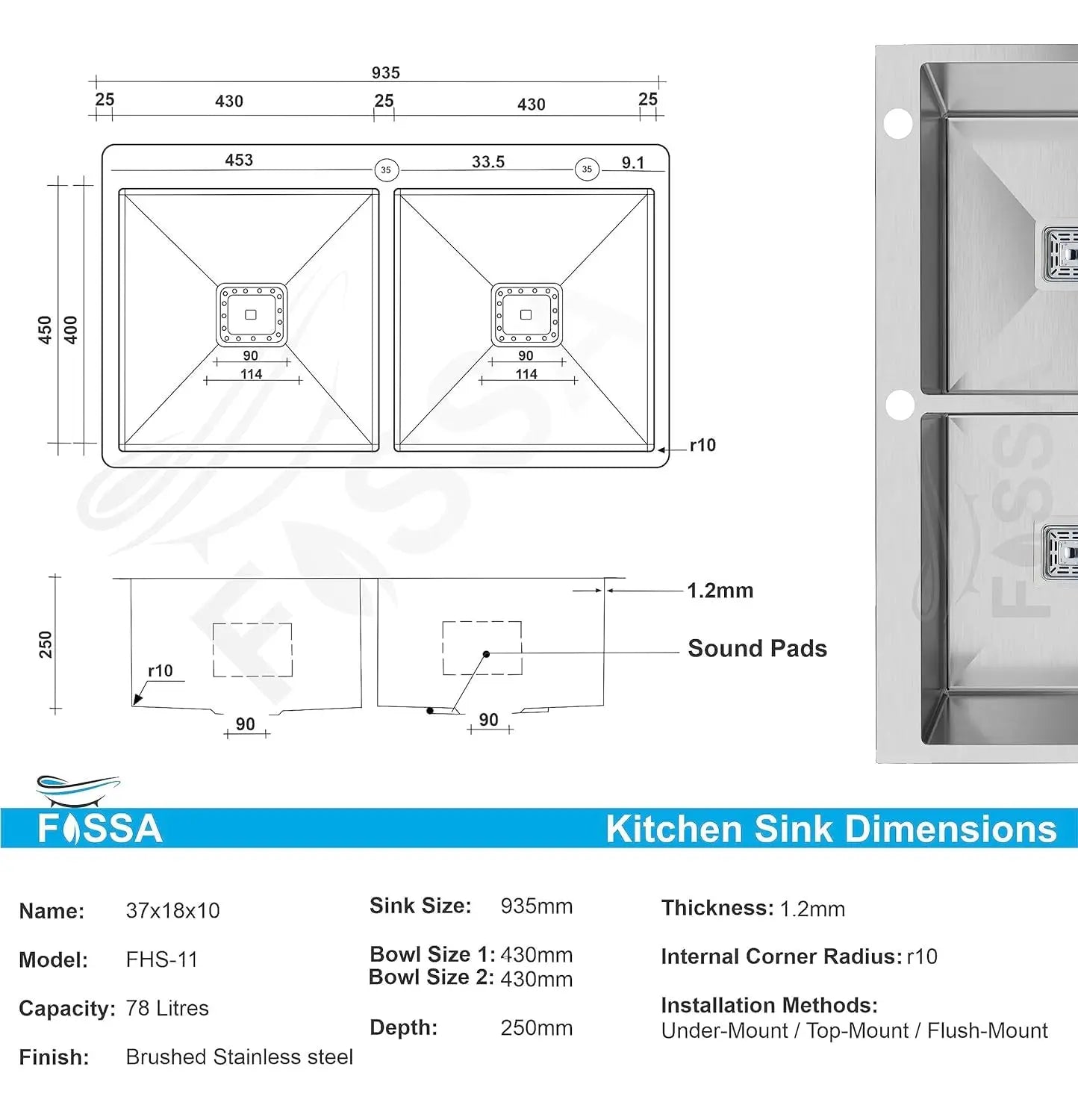 Fossa 37"x18"x10" Inch Double Bowl With Tap Hole SS-304 Grade Stainless Steel Handmade Kitchen Sink Matte Finish Silver