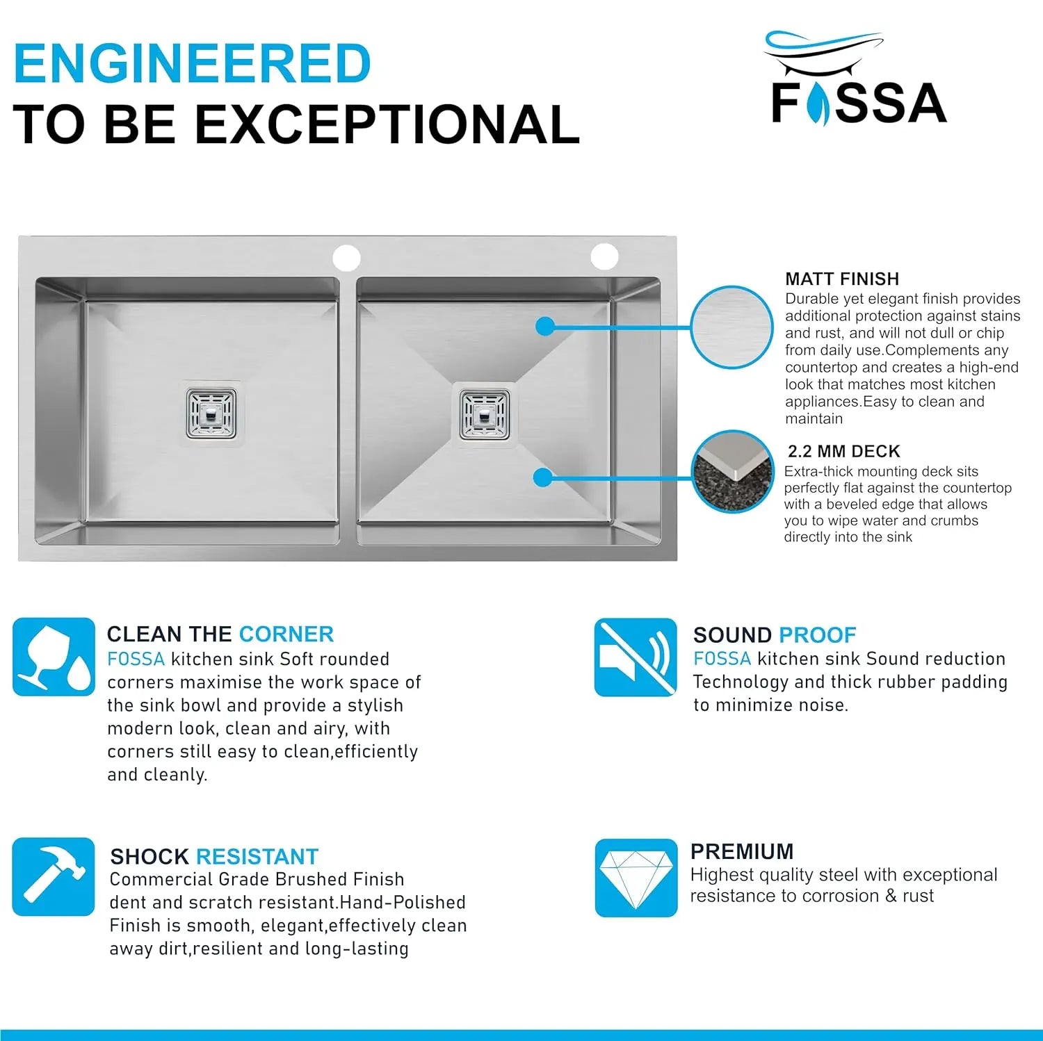 Fossa 37"x18"x10" Inch Double Bowl With Tap Hole SS-304 Grade Stainless Steel Handmade Kitchen Sink Matte Finish Silver