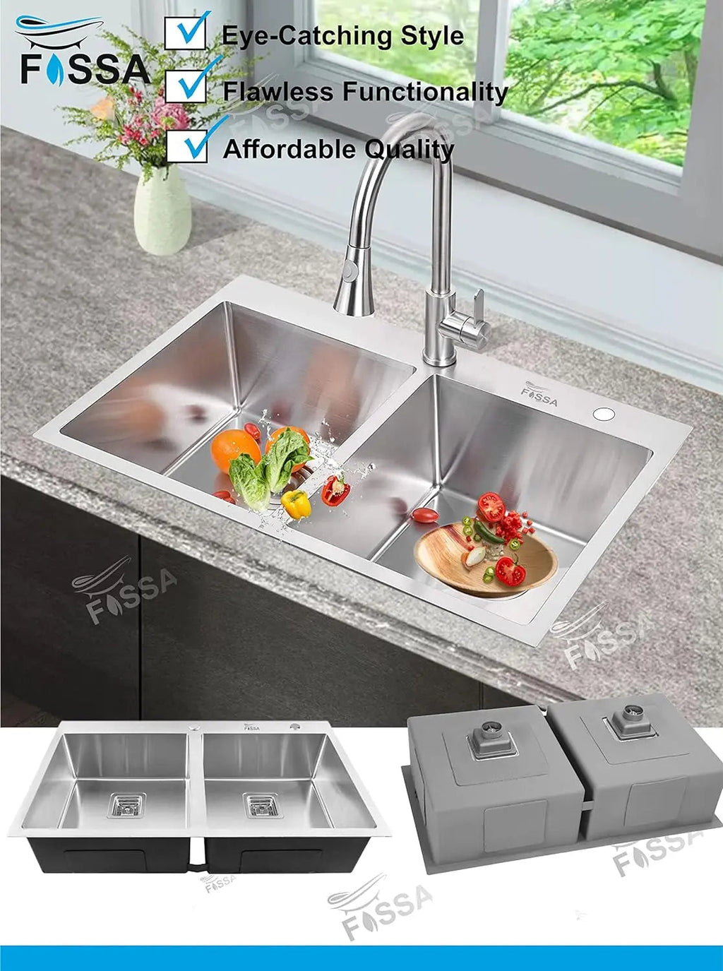 Fossa 37"x18"x10" Inch Double Bowl With Tap Hole SS-304 Grade Stainless Steel Handmade Kitchen Sink Matte Finish Silver