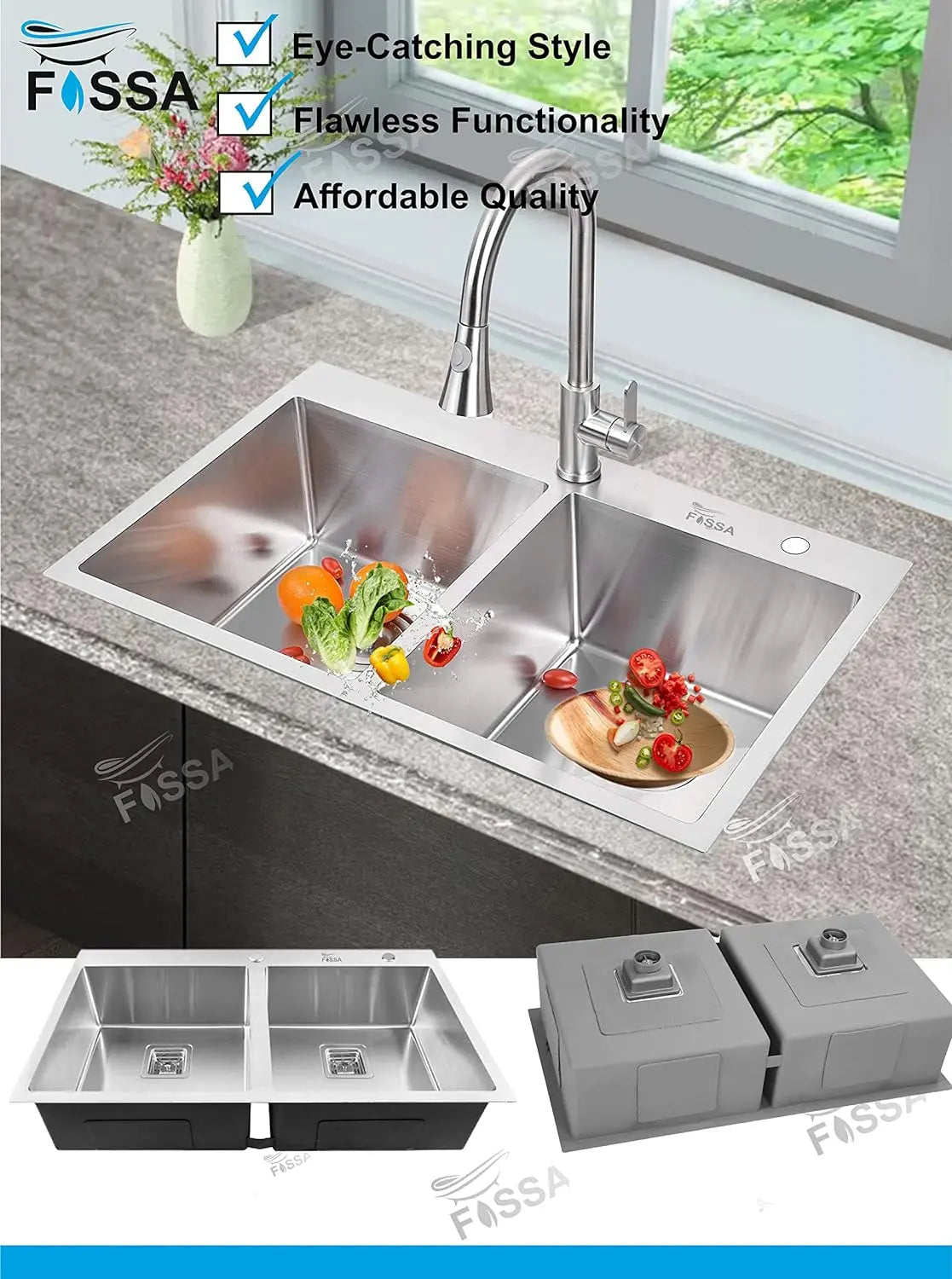 Fossa 37"x18"x10" Inch Double Bowl With Tap Hole SS-304 Grade Stainless Steel Handmade Kitchen Sink Matte Finish Silver