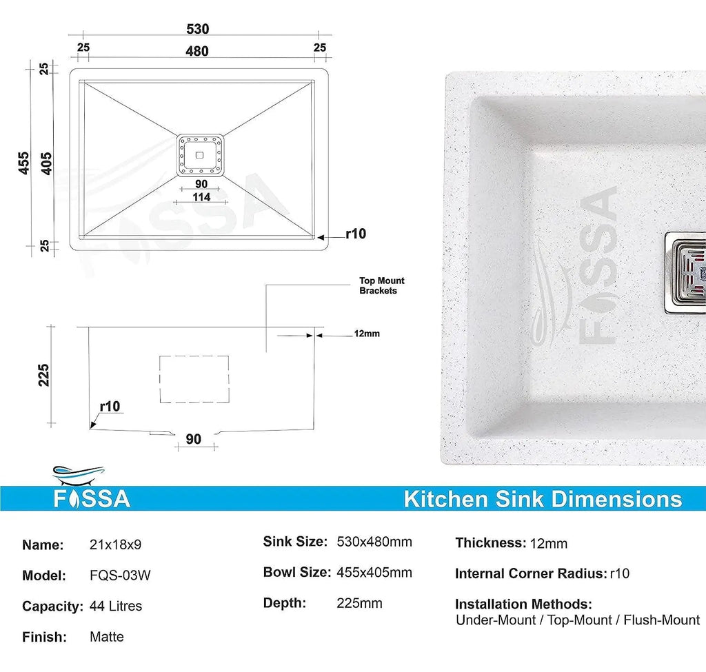 Fossa 21"x18"x09" inch Quartz Single Bowl Kitchen Sink ( White Stone )