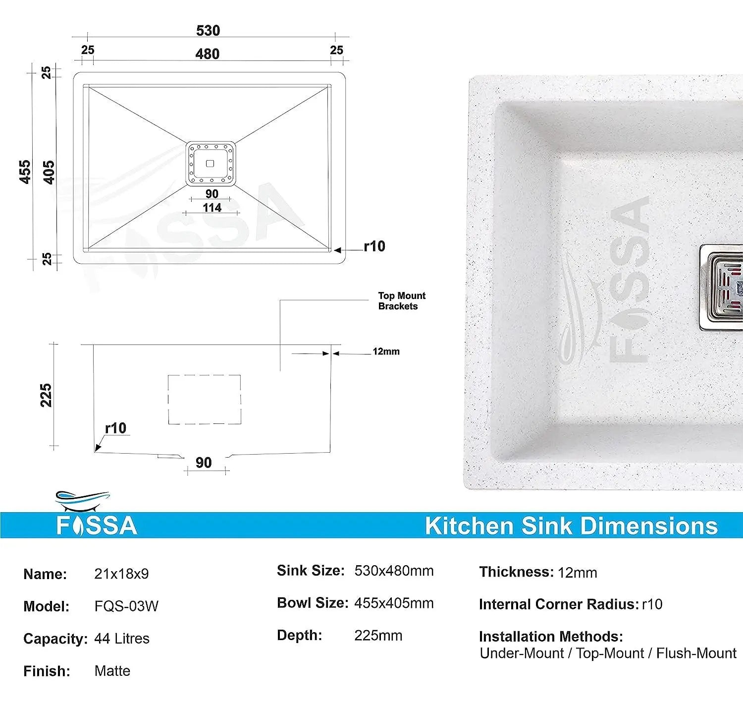 Fossa 21"x18"x09" inch Quartz Single Bowl Kitchen Sink ( White Stone )