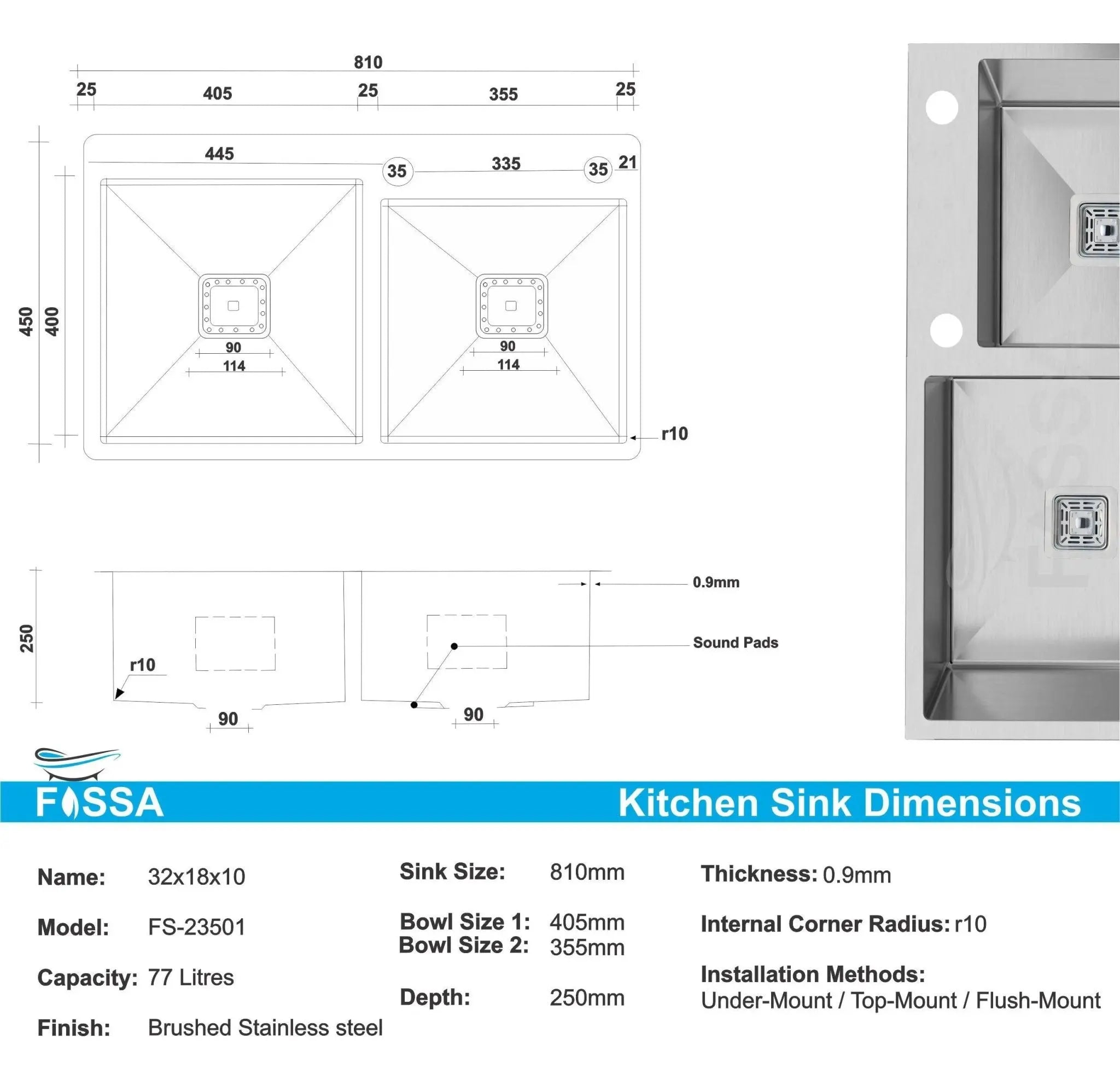 Fossa 32"x18"x10" Inch Double Bowl with Single Tap Hole Premium  Handmade Kitchen Sink Silver