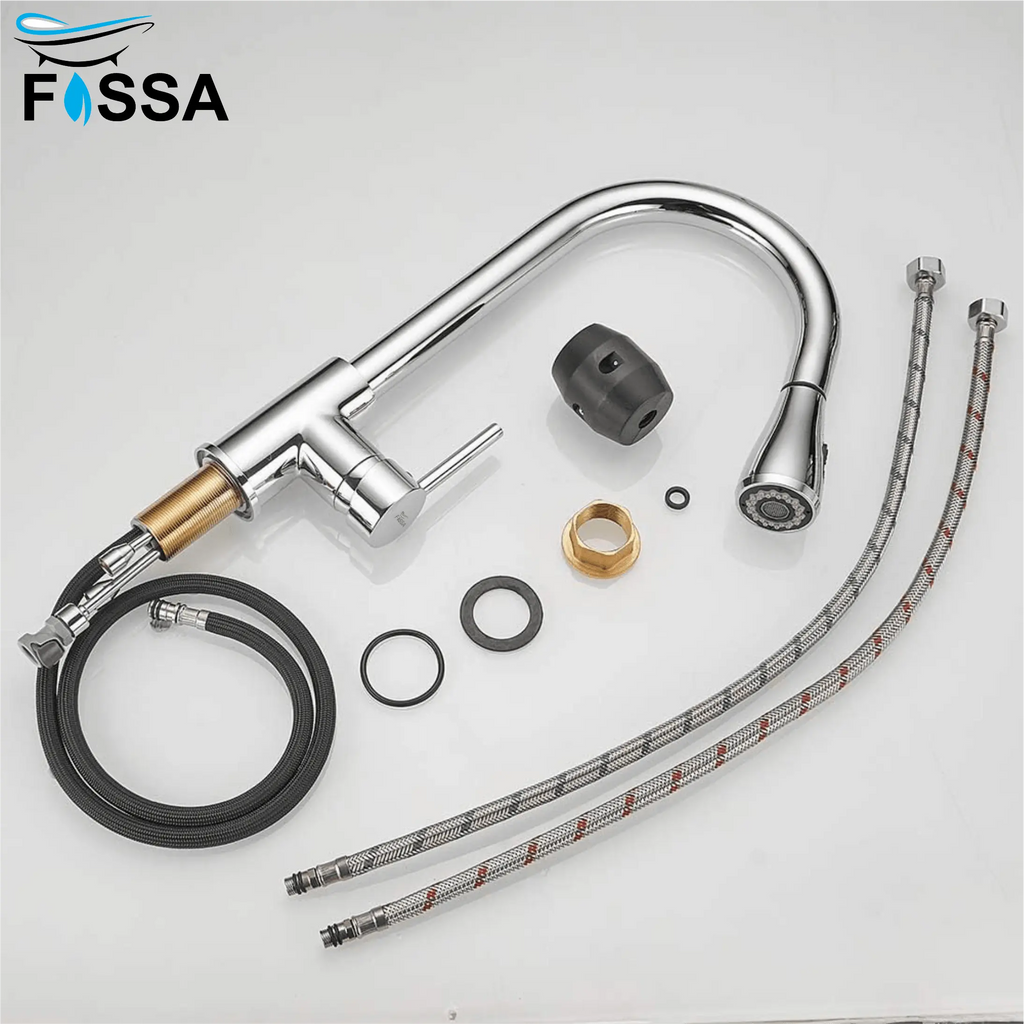 Fossa Kitchen Sink Mixer Tap with Pull Down Sprayer, Single Handle High Pull Out Kitchen Taps, Single Level Stainless Steel Chrome ( Light Weight )