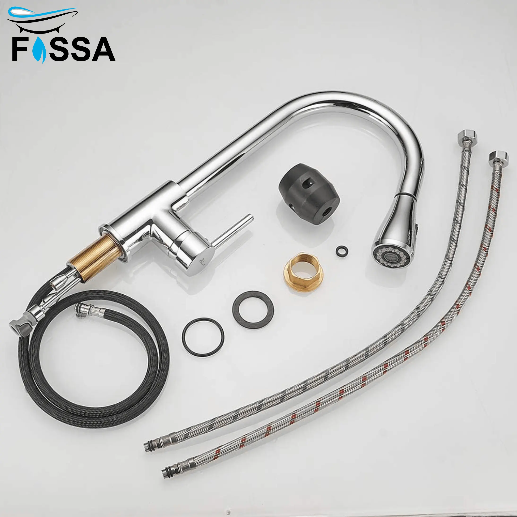 Fossa Kitchen Sink Mixer Tap with Pull Down Sprayer, Single Handle High Pull Out Kitchen Taps, Single Level Stainless Steel Chrome ( Light Weight )