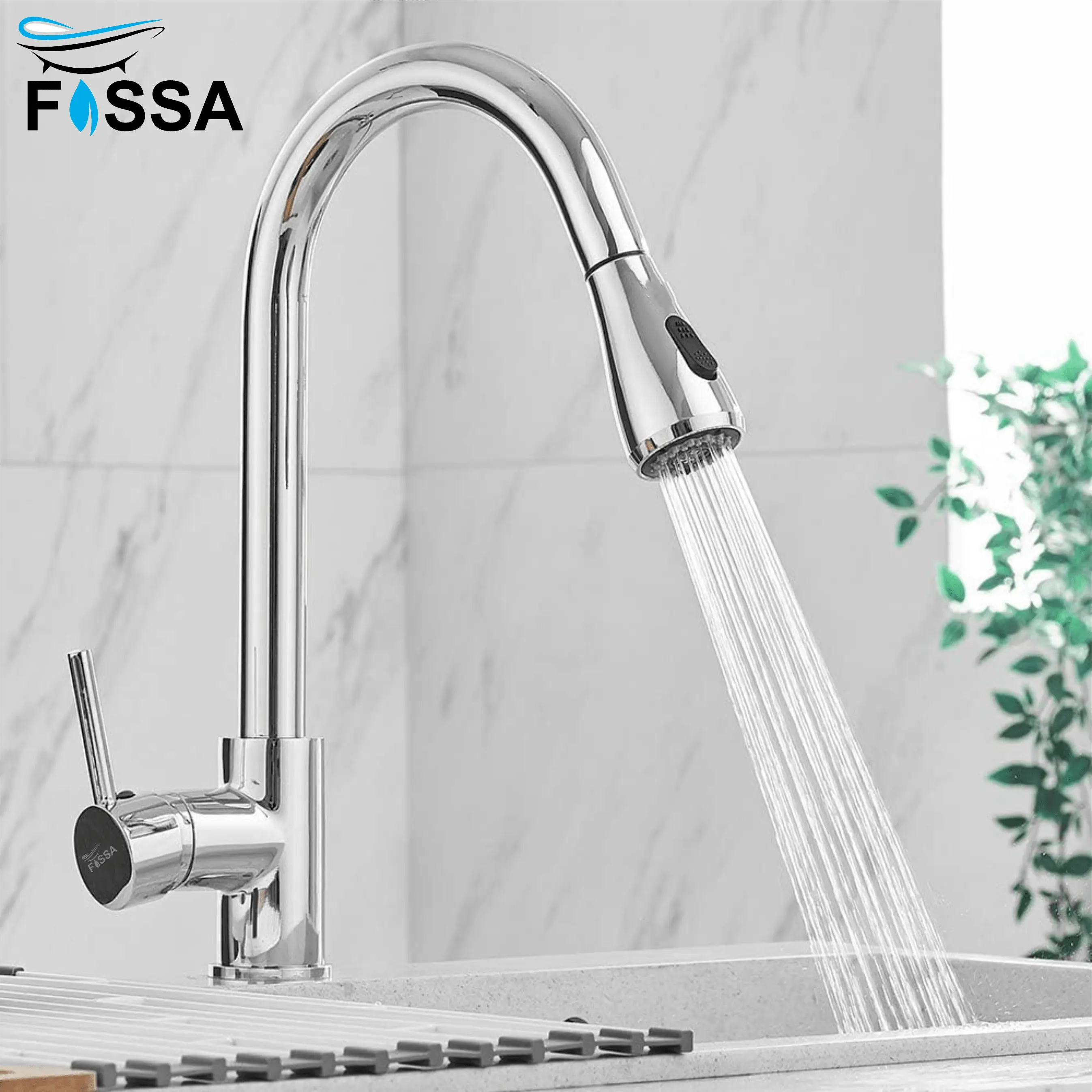Fossa Kitchen Sink Mixer Tap with Pull Down Sprayer, Single Handle High Pull Out Kitchen Taps, Single Level Stainless Steel Chrome ( Light Weight )