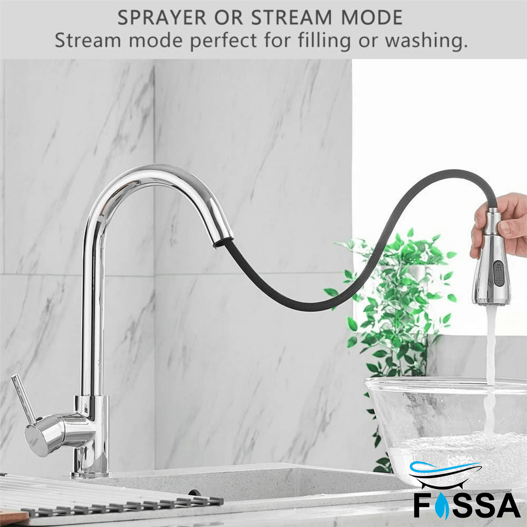 Fossa Kitchen Sink Mixer Tap with Pull Down Sprayer, Single Handle High Pull Out Kitchen Taps, Single Level Stainless Steel Chrome ( Light Weight )