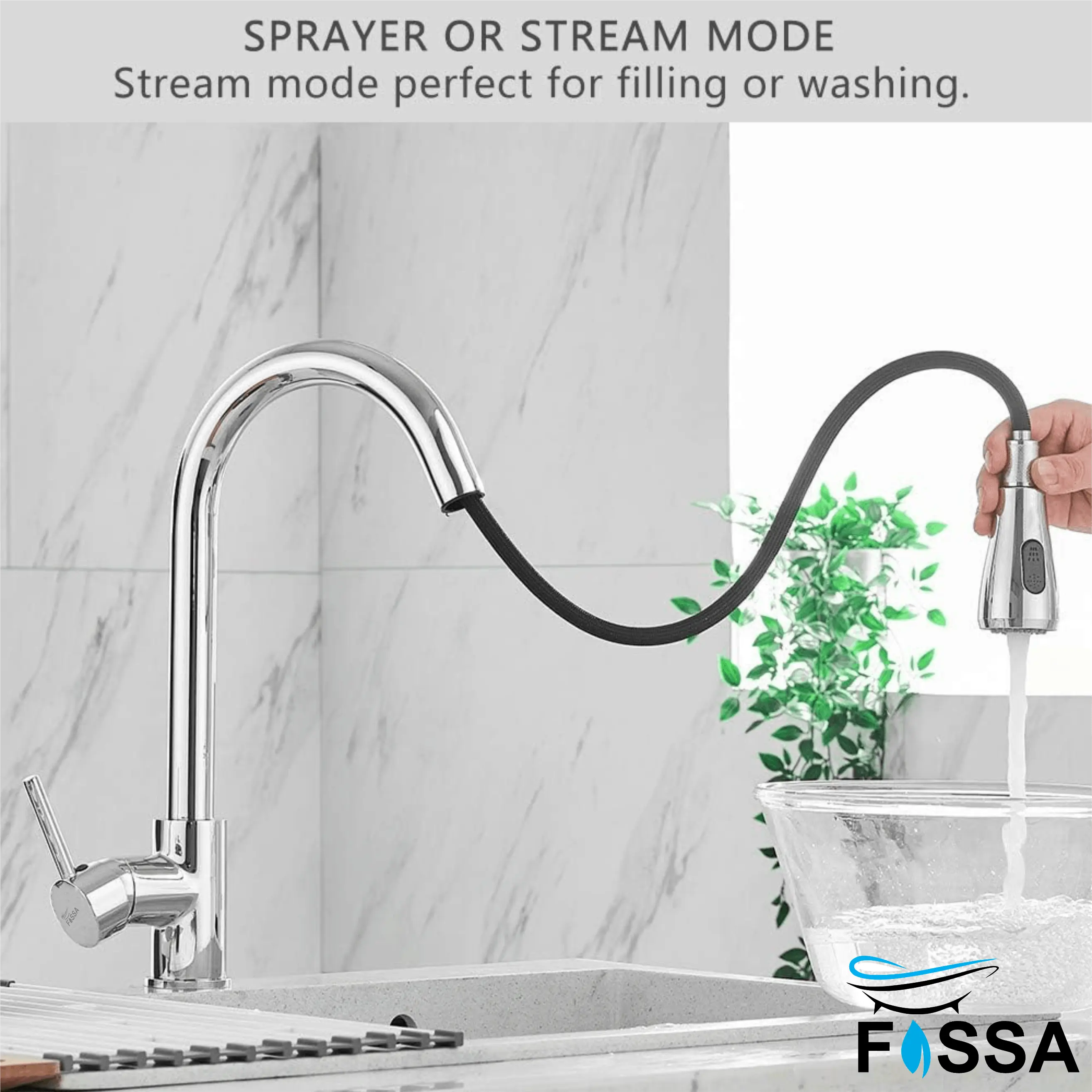 Fossa Kitchen Sink Mixer Tap with Pull Down Sprayer, Single Handle High Pull Out Kitchen Taps, Single Level Stainless Steel Chrome ( Light Weight )