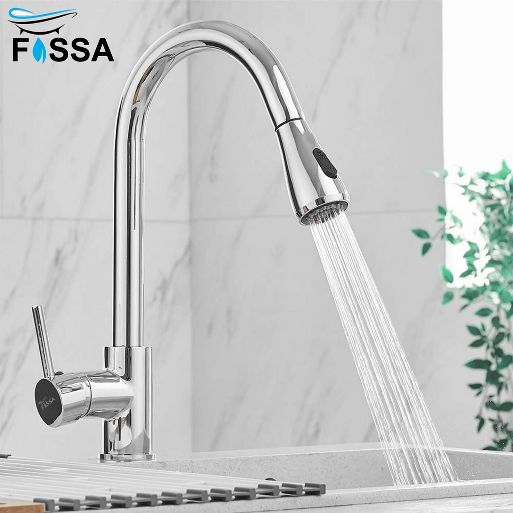 Fossa Kitchen Sink Mixer Tap with Pull Down Sprayer, Single Handle High Pull Out Kitchen Taps, Single Level Stainless Steel Chrome ( Light Weight )